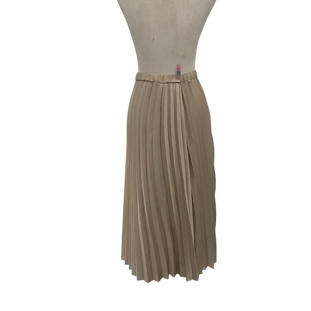 Anne Klein X-Large Beige / Tan Elastic Waistband Beige Pleated Flowy Midi Skirt